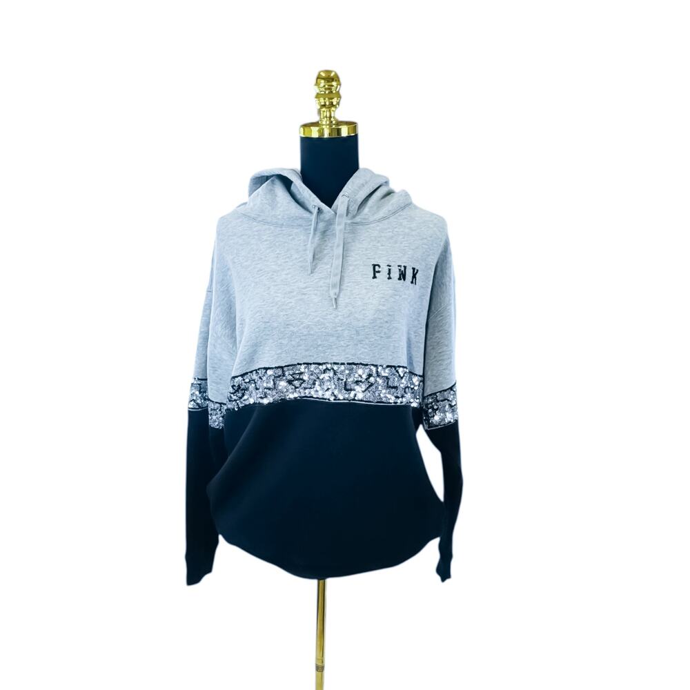 Victorias Secret Y2K Vintage Grey Black PINK Sequin Hoodie Sweater Women's Small